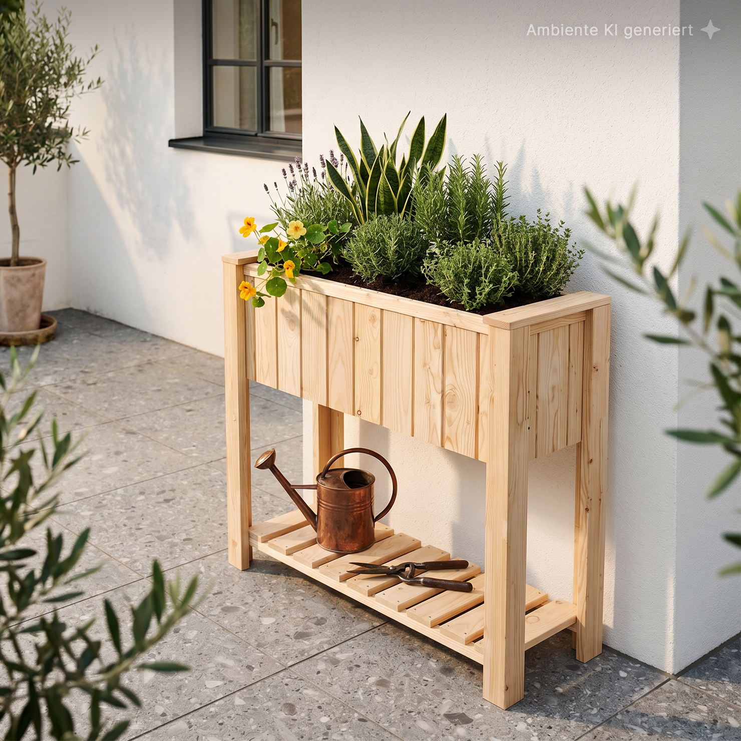 Hochbeet aus hellem Holz an weißer Hauswand auf Terrasse, bepflanzt mit verschiedenen Kräutern und gelben Blüten, darunter Bogenhanf und Lavendel; darunter Ablage mit kupferner Gießkanne und Gartenschere, Fenster und Topfbaum im Hintergrund