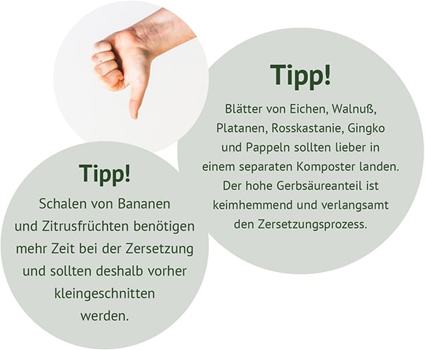Drei überlappende Kreise mit Kompost-Tipps: Foto einer Hand mit Daumen nach unten; Tipp: Bananen- und Zitrusschalen brauchen länger, vorher kleinschneiden; Tipp: Eichen-, Walnuss-, Platanen-, Rosskastanien-, Ginkgo- und Pappelblätter in separaten Komposte