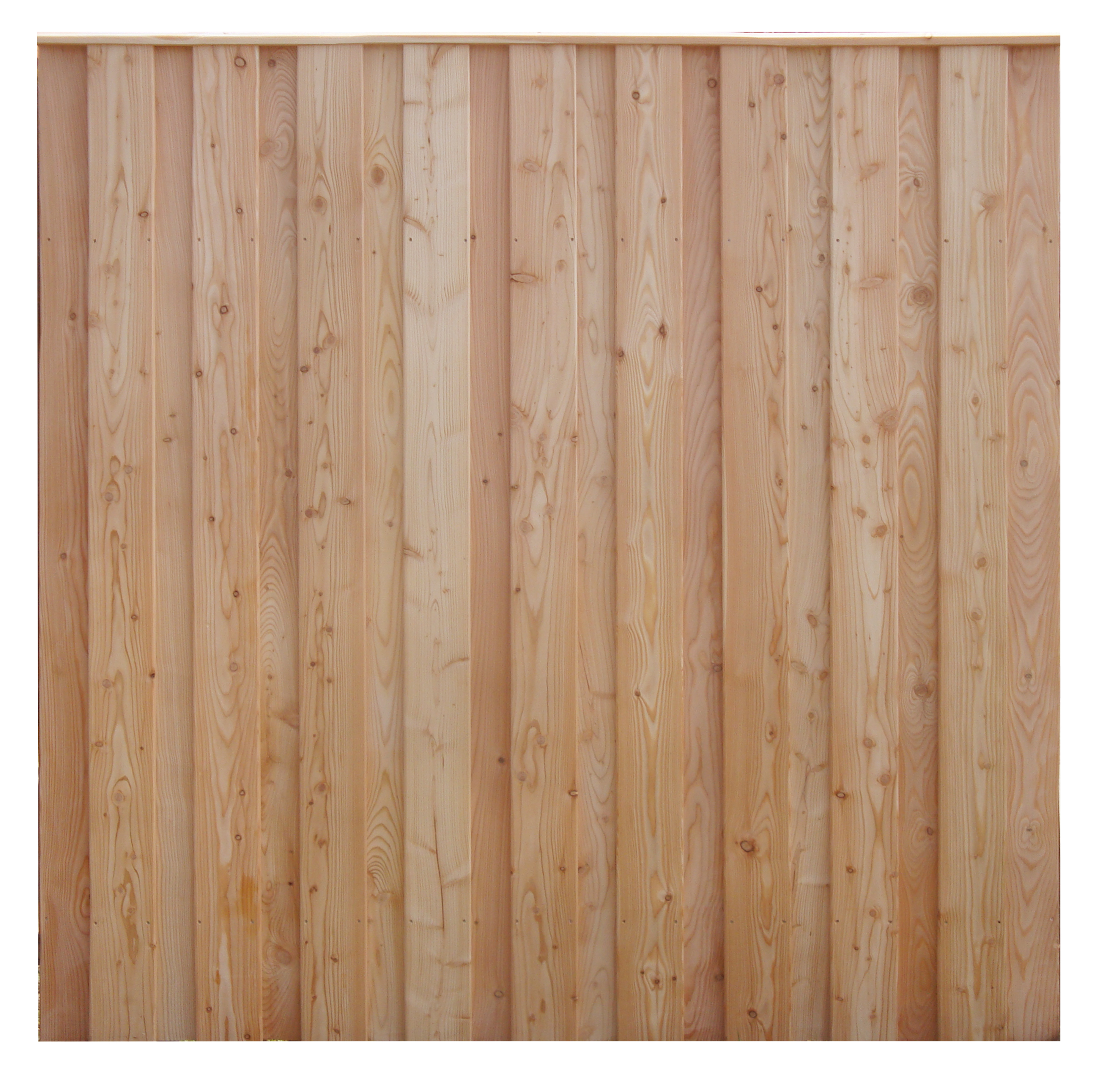 AlpenLärche Solid 180 x 180 cm – naturfarbene, senkrecht montierte Lärchenholzbohlen mit sichtbarer Maserung und Astlöchern, Nut‑und‑Feder-Profil und durchgehender oberer Abdeckleiste