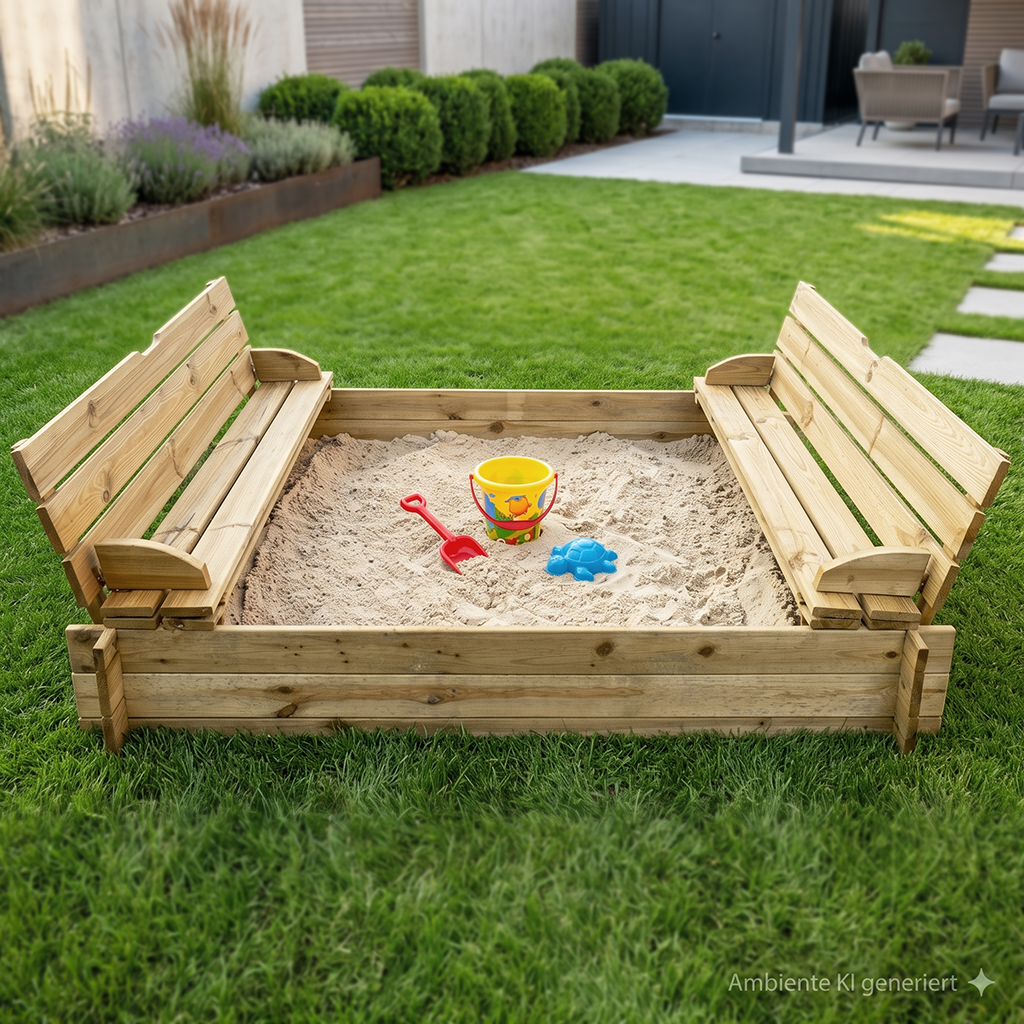 Holz-Sandkasten mit aufgeklappten Seitenbänken auf grünem Rasen, im Sand bunter Eimer, rote Schaufel und blaues Schildkröten-Spielzeug, Garten mit Rasenfläche und Einfassung im Hintergrund