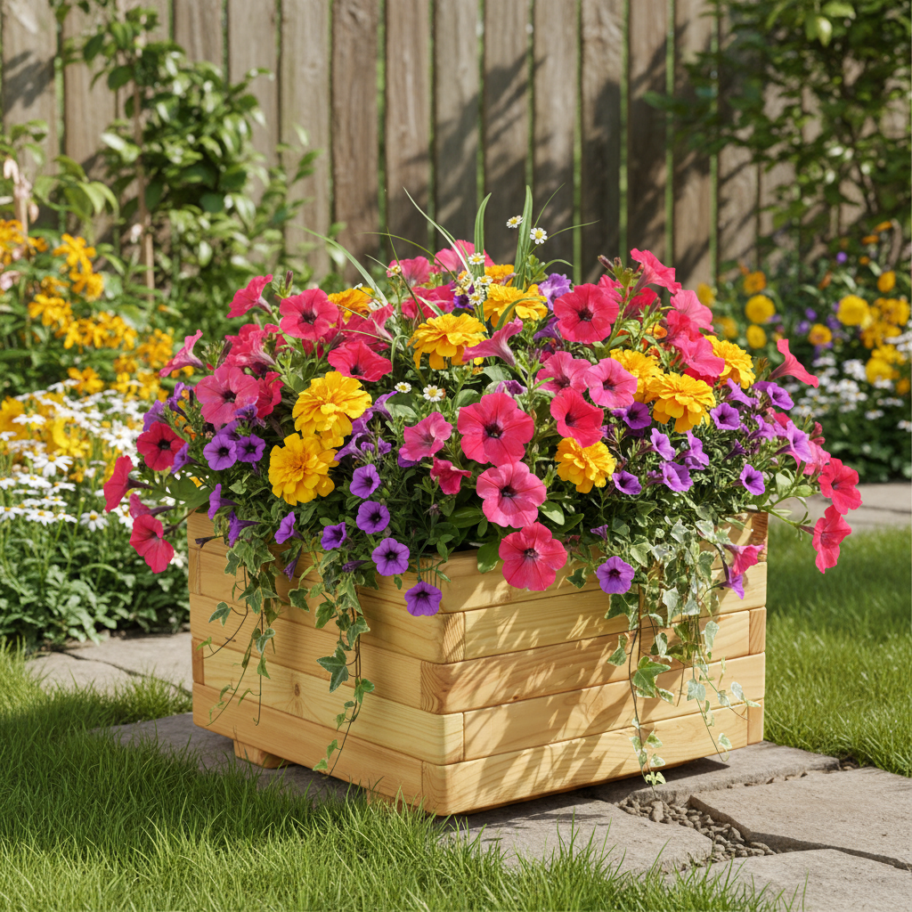 Pflanzkasten Toni mit abgerundeten Ecken aus Lärchenholz Holzblumenkasten mit üppigen rosa und violetten Petunien, gelben Tagetes und hängender Efeuranke auf Rasen neben Steinplatten, sonniger Garten mit Holzzaun im Hintergrund