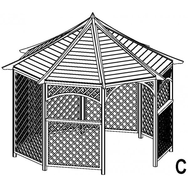 8-eckiger Pavillon Alma, 350 cm Durchmesser, Kiefer kd imprägniert 8-eckiger Pavillon Alma, Durchmesser 350 cm, Kiefer kd imprägniert, mit Gitterwänden und spitz zulaufendem Dach.