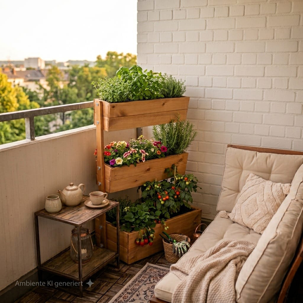 Gemütlicher Balkon mit gepolsterter Couch, Strickdecke und Kissen; hölzerne dreistöckige Pflanzkiste mit Kräutern, Blumen und kleinen Tomaten; kleiner Beistelltisch mit Teekanne, Tasse und Laterne, Ziegelwand und grüner Stadtblick bei Abendlicht