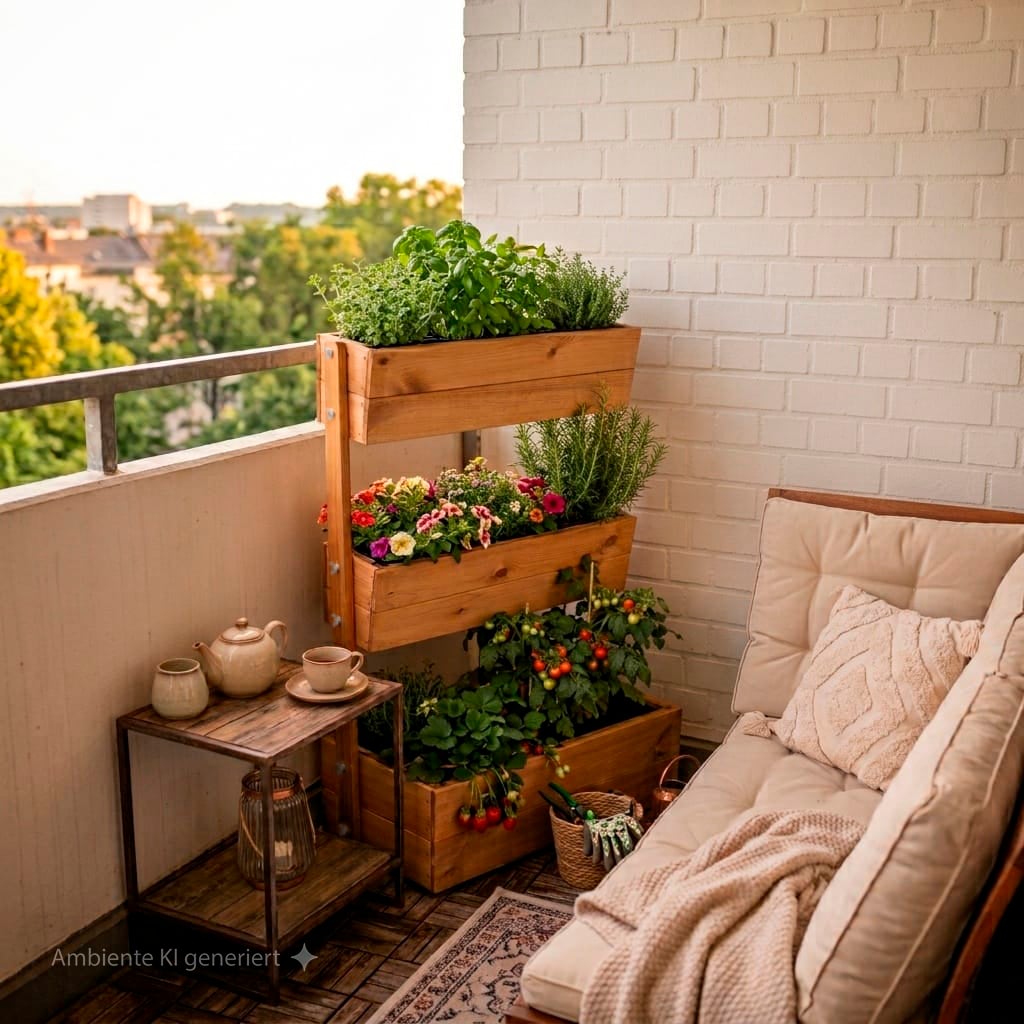 Vertikales Hochbeet Greta Gemütlicher Balkon mit gepolsterter Couch, Strickdecke und Kissen; hölzerne dreistöckige Pflanzkiste mit Kräutern, Blumen und kleinen Tomaten; kleiner Beistelltisch mit Teekanne, Tasse und Laterne, Ziegelwand und grüner Stadtblick bei Abendlicht