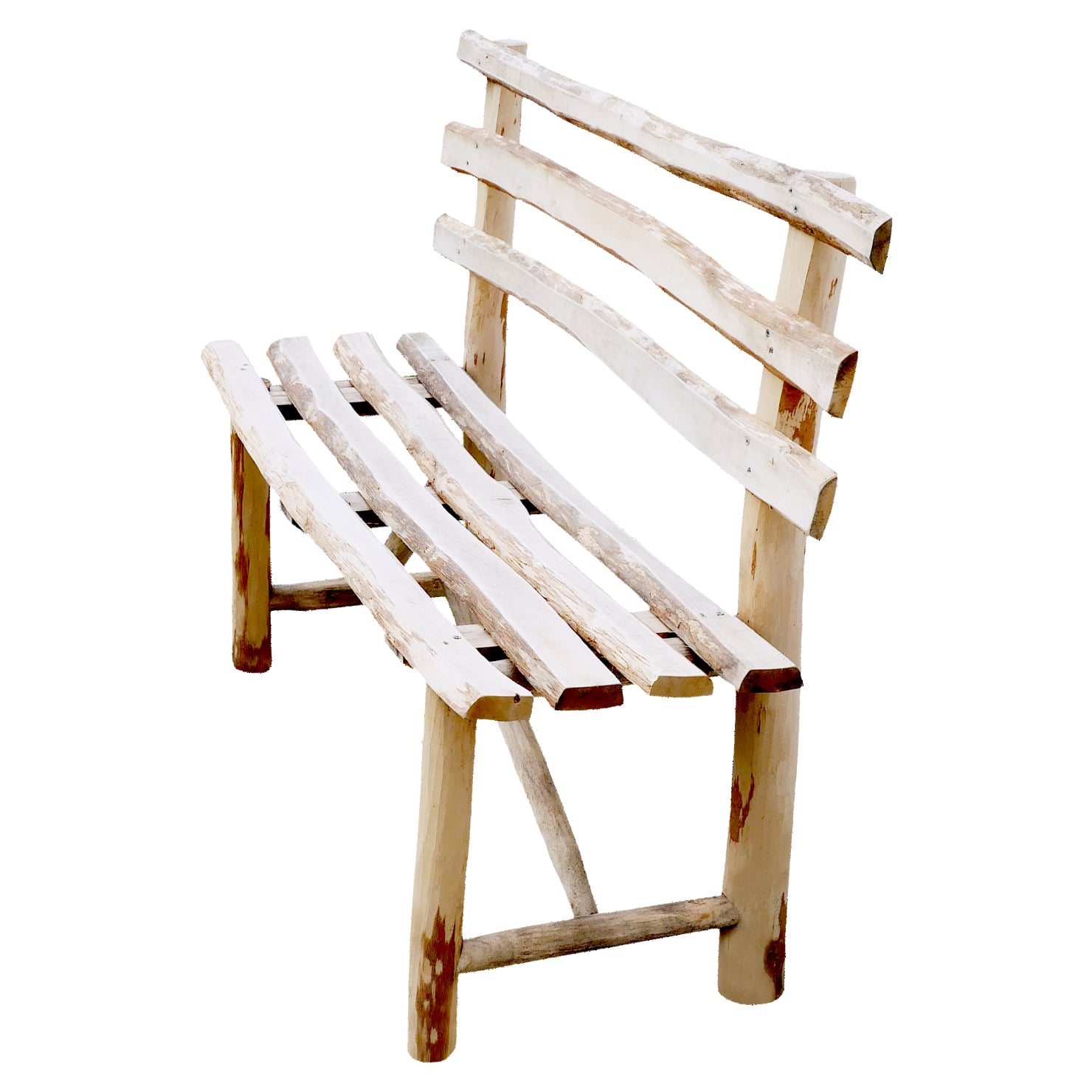 Rustique Bank aus Haselnuss, 118 cm Rustikale Bank aus Haselnuss (118 cm), weiße gewaschene Oberfläche, geschlitzte Sitzfläche und Rückenlehne aus unregelmäßigen Naturholzlatten auf runden Stollenbeinen, freigestellt vor weißem Hintergrund
