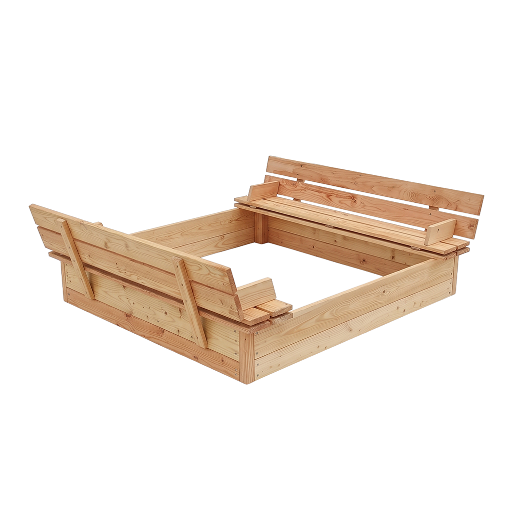 Quadratischer Sandkasten aus naturbelassenem Holz mit aufklappbaren Sitzbänken an zwei Seiten