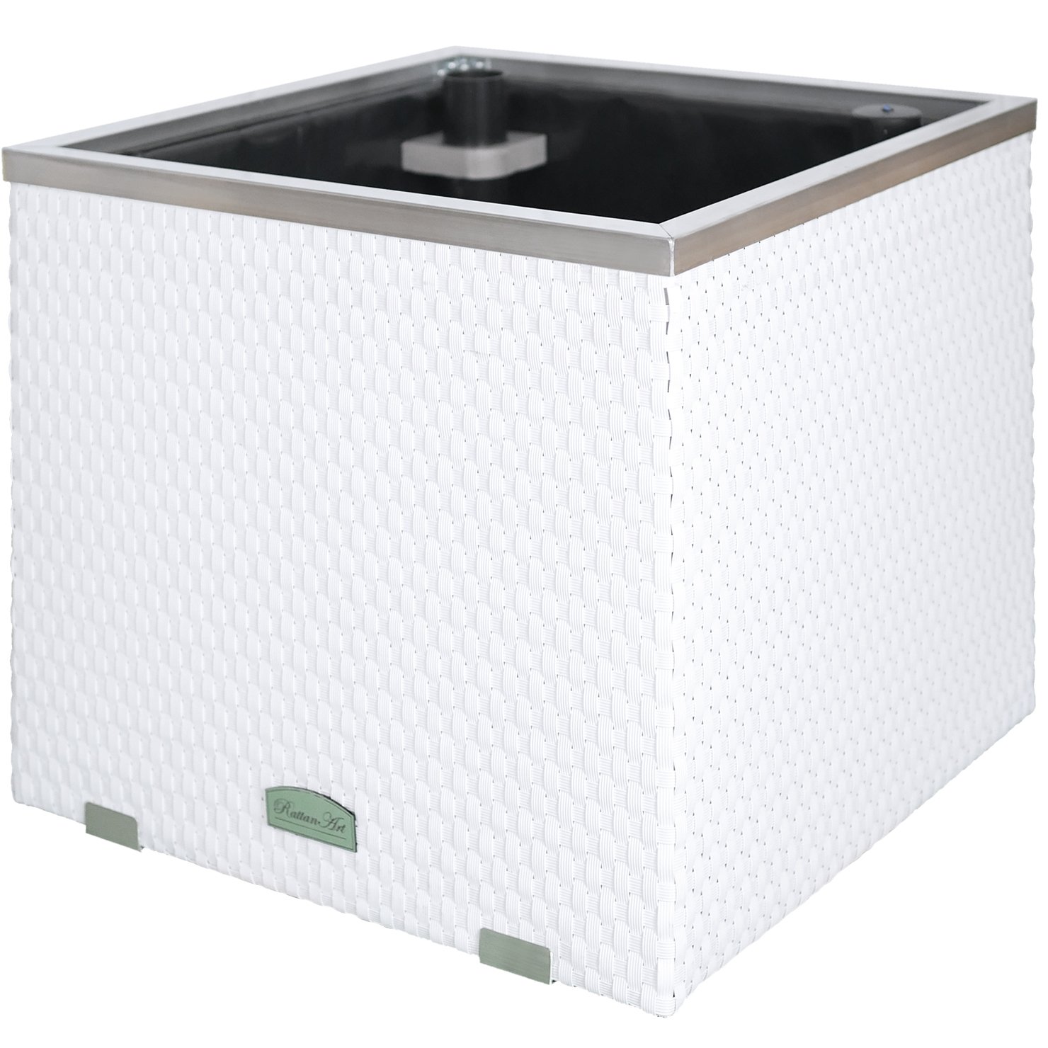 Pflanzkasten Rattan weiss – selbstbewässernd – 50 x 50 x 43 Pflanzkasten Rattan weiss – selbstbewässernd – 50 x 50 x 43