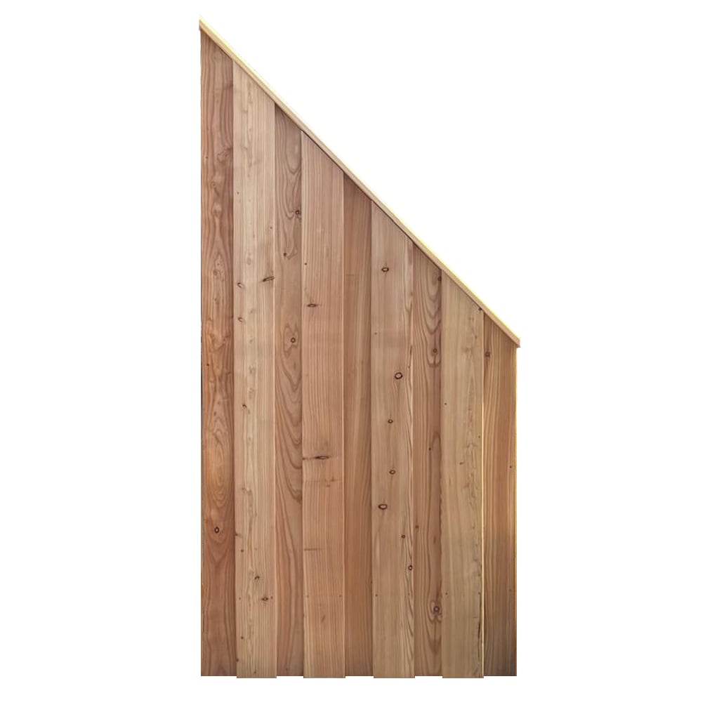 AlpenLärche Solid 180 x 180 cm Schräg abgeschnittenes Holzpaneel aus vertikalen Holzplanken mit sichtbarer Maserung und Knoten, hellbraun, freigestellt vor weißem Hintergrund