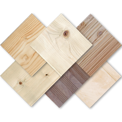 Sechs quadratische Holzfliesen in versetztem Rautenmuster, unterschiedliche Holzarten und -töne von hell bis dunkel, sichtbare Maserung, Jahresringe und Aststellen, leichte Schatten zwischen den überlappenden Platten