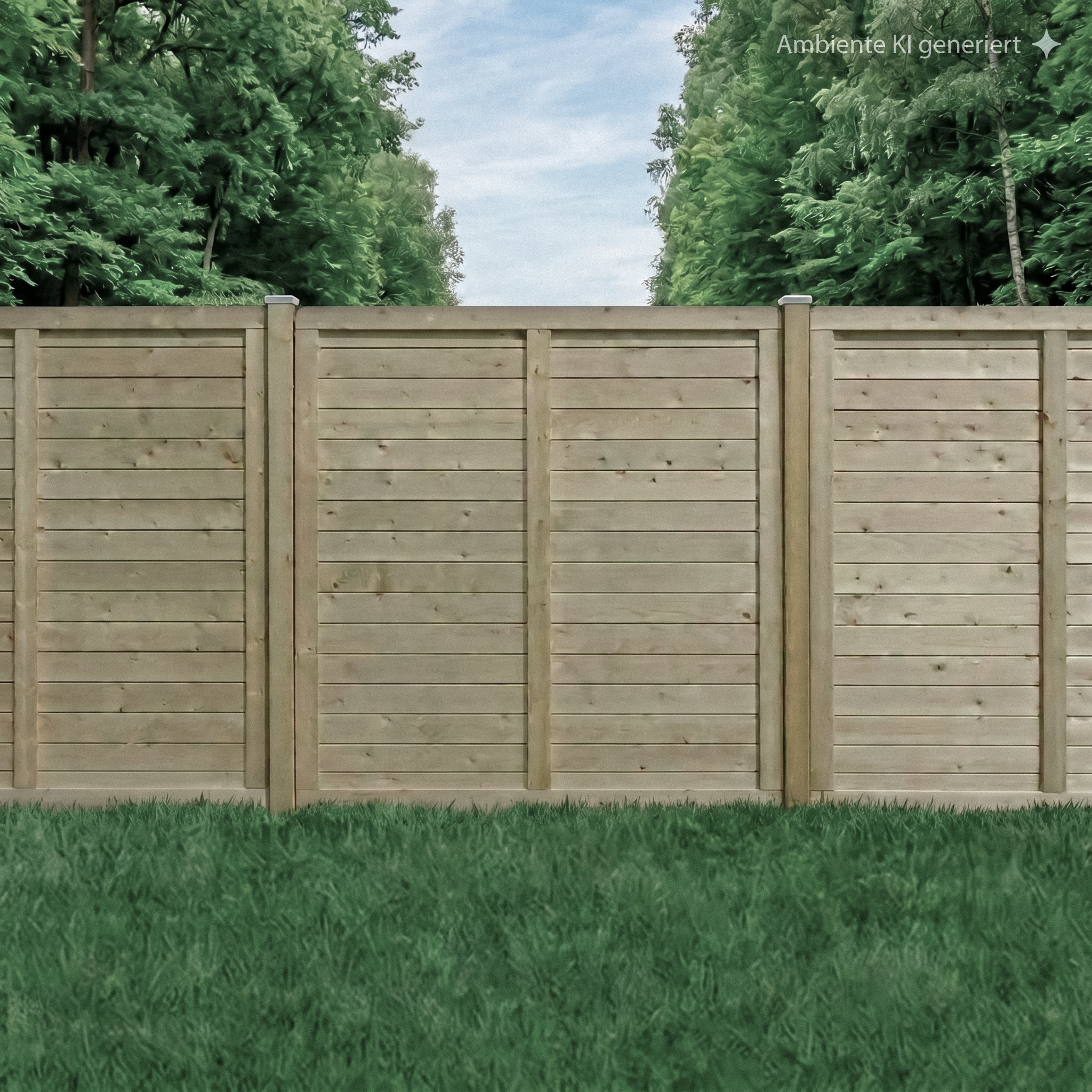 Massivzaun Giardino Fichte, 180 x 180 cm, R 44 x 88 mm, Bretter 18 x 120 mm Holzzaun im Vordergrund, grüner Rasen, dahinter dichte grüne Bäume und Hecke mit einer offenen Stelle, blauer Himmel in der Bildmitte