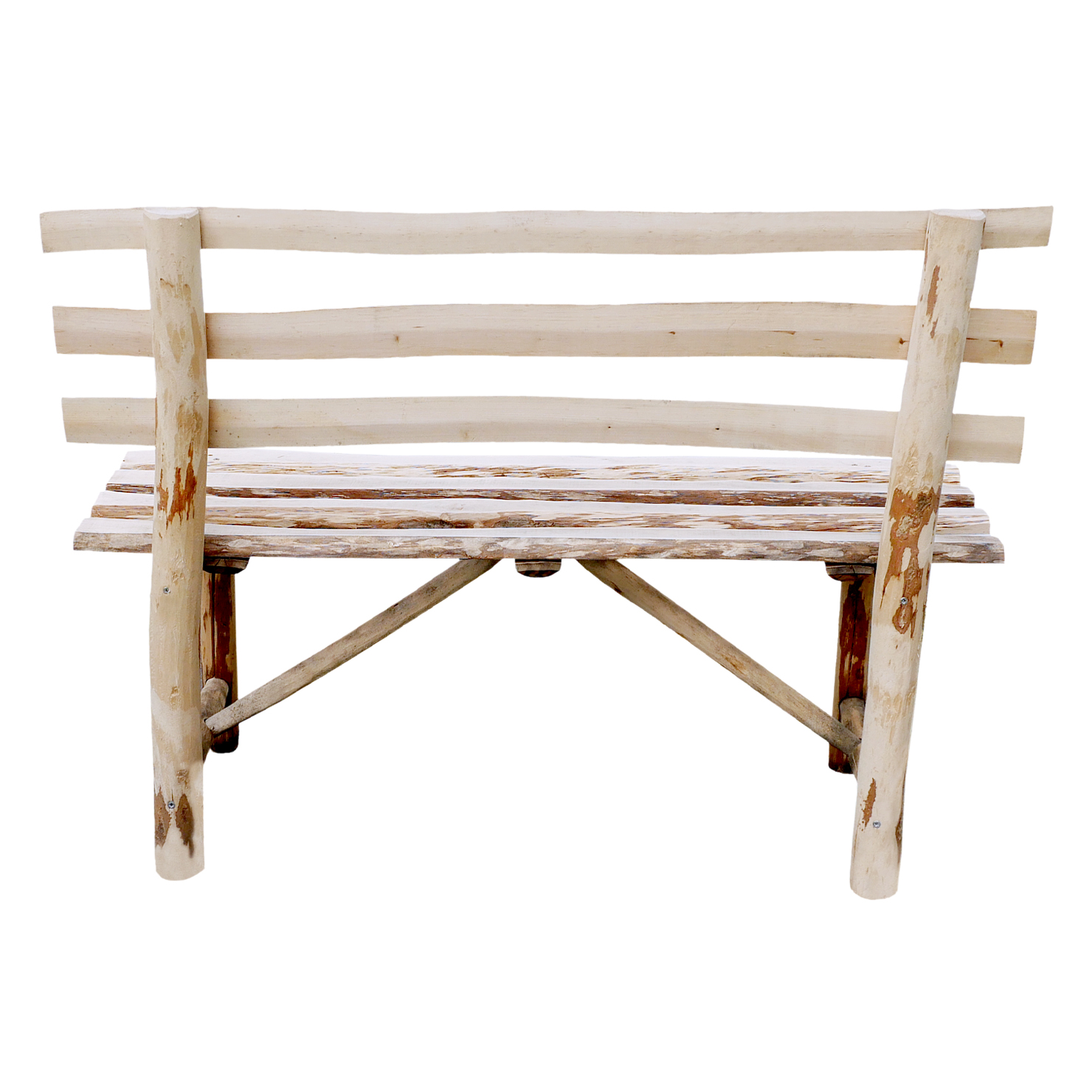 Rustikale Gartenbank aus Haselnussholz (118 cm) mit dreireihiger, leicht geschwungener Rückenlehne aus unregelmäßigen Holzbalken, Sitzlatten mit sichtbaren Rindenstellen und diagonalem Stützbrett, naturbelassenes helles Holz