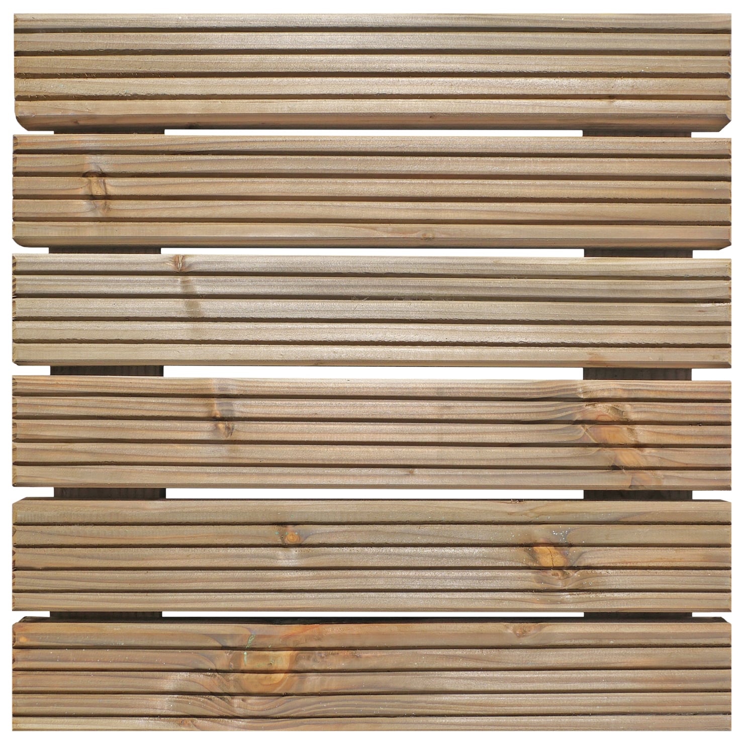 Douglasie, kdi Kompakt-Holzfliese, 50 x 50 cm JULIA-Holzfliese, hellbraune profilierte Holzlatten mit schmalen parallelen Längsrillen, sichtbare Maserung und Aststellen, in Reihen montiert, Draufsicht