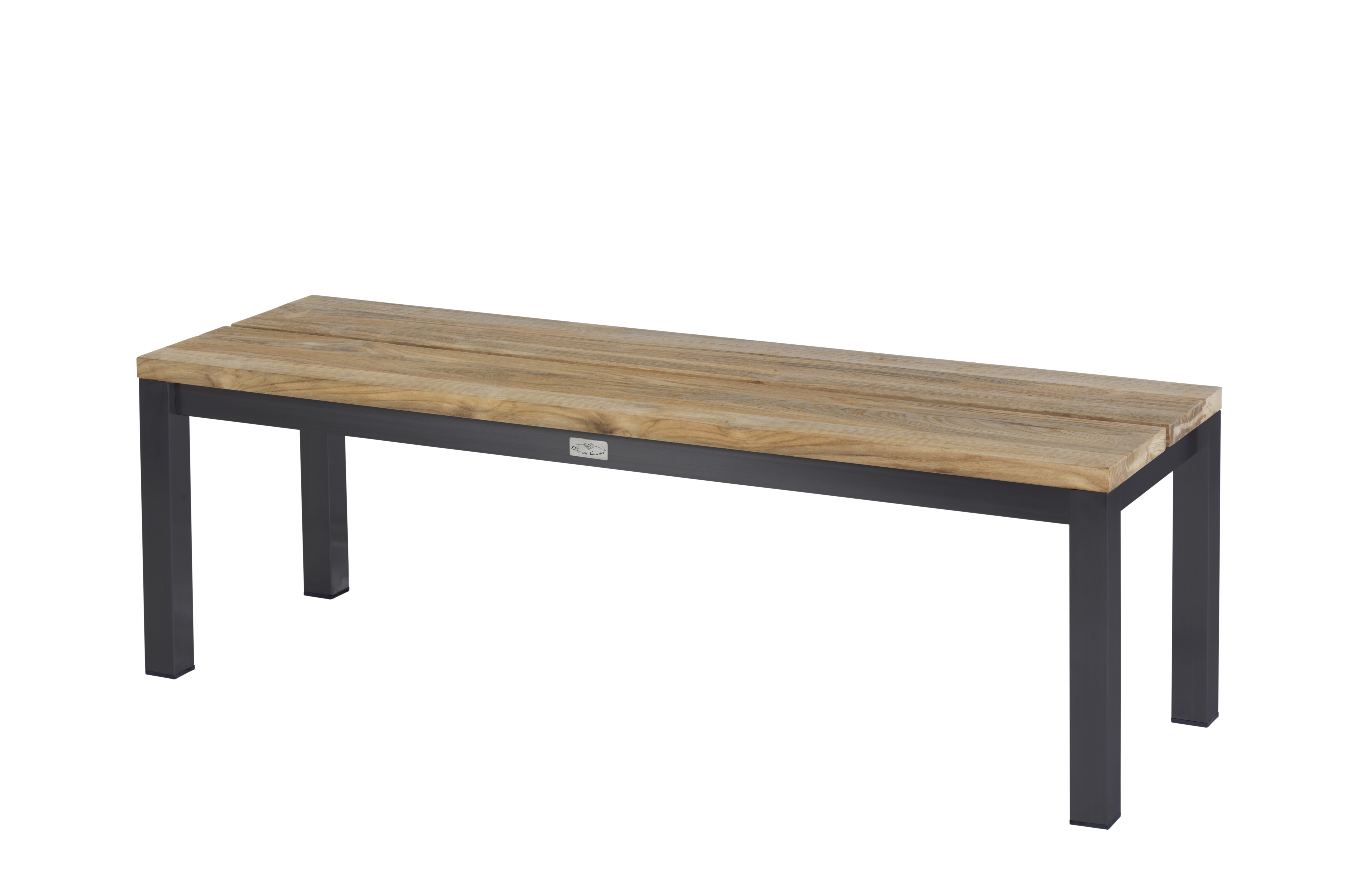 Bank Elsass aus Edelstahl und recyceltem Teakholz Bank Elsass aus Edelstahl und recyceltem Teakholz, rechteckige Sitzfläche mit natürlicher Holzmaserung, robustes Edelstahlgestell in dunkler Farbe, schlichtes, modernes Design, geeignet für Innen- und Außenbereiche.