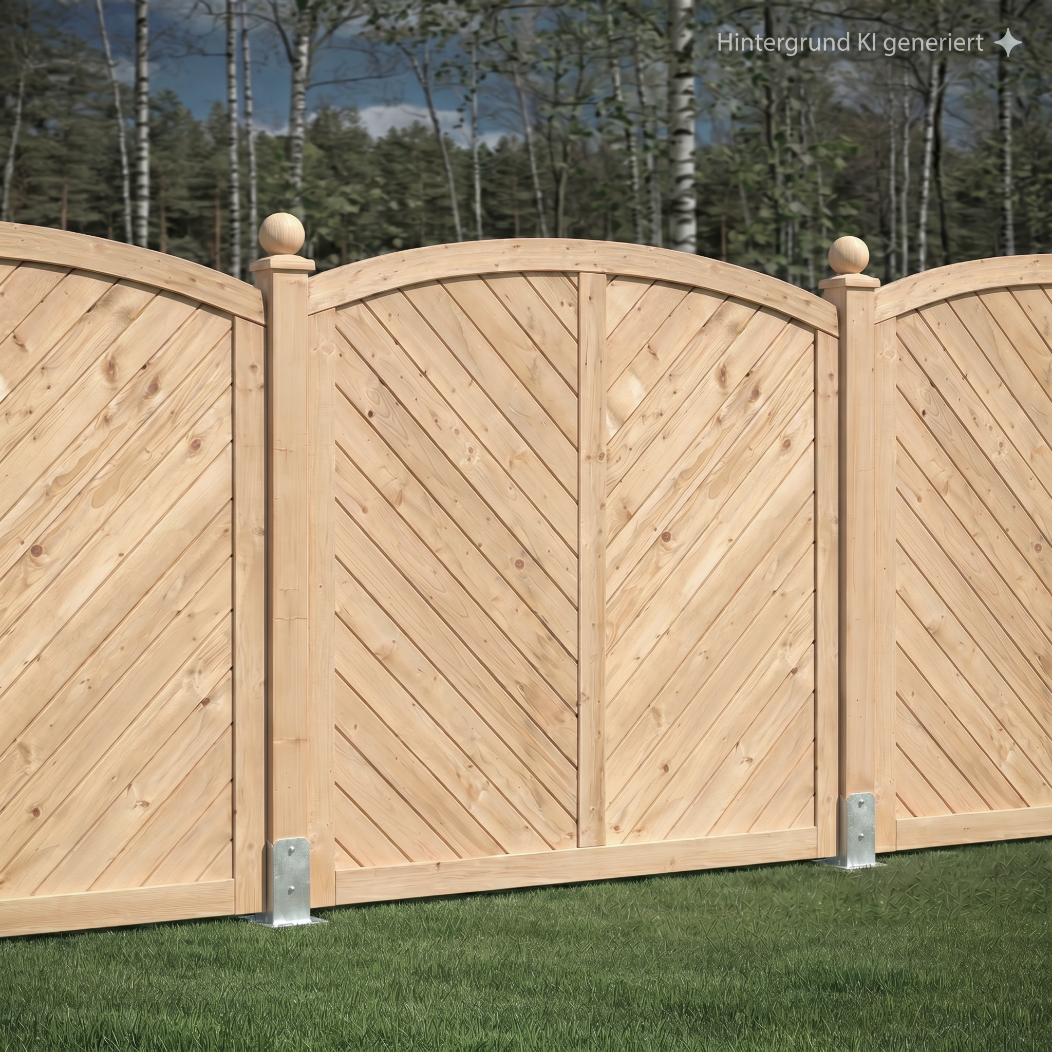 Massivzaun Giardino mit Bogen, R. 45 x 90 mm, N/F 18 x 120 mm, Fichte kd imprägniert Heller Holzzaun mit geschwungenen oberen Kanten aus diagonal verlaufenden Latten, Vordergrund Rasen, im Hintergrund Birkenwald unter blauem Himmel