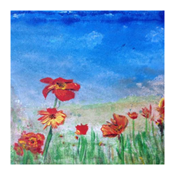 Aquarellillustration als Dekoration mit roten und orangefarbenen Wiesenblumen im Vordergrund, grünem Gras, sanften Hügeln und hellem blauem Himmel