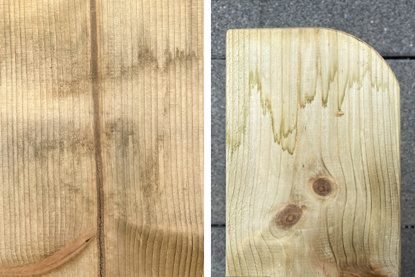 Zweigeteiltes Foto: links Nahaufnahme eines vertikal gemaserten Holzbretts mit dunklen Streifen und Aststelle; rechts ein helles Holzbrett mit abgerundeter Ecke, zwei Astlöchern und grünlichen Flecken auf grauem Pflaster