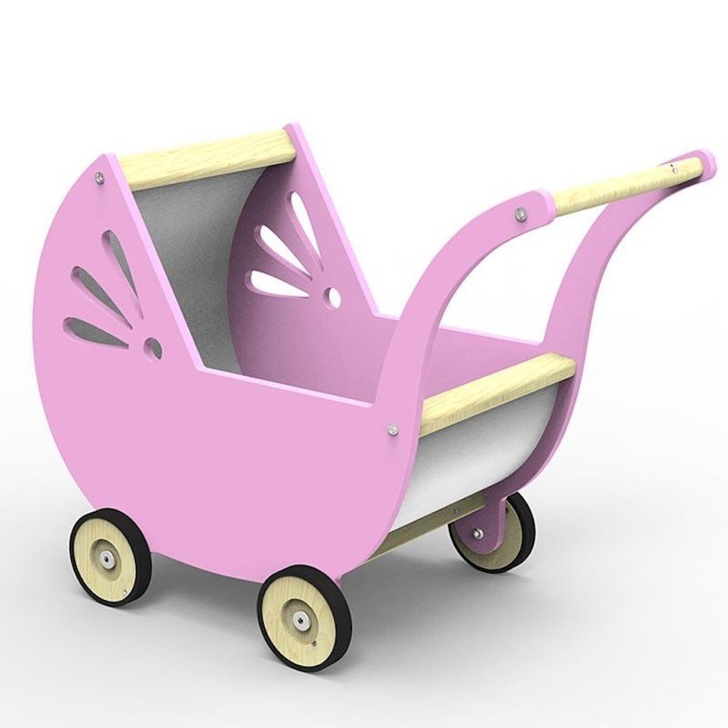 Rosa Puppenwagen aus Holz mit vier schwarzen Rädern, hellem Schiebegriff und seitlichen Zier-Ausschnitten, Produktname Puppenwagen Lilli, vor weißem Hintergrund