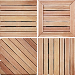 Vier Holzfliesen im 2×2-Raster: oben links enge horizontale Lamellen, oben rechts in Rahmen eingesetzte horizontale Lamellen, unten links diagonal verlaufende Lamellen, unten rechts enge senkrechte Lamellen in hellen Naturholztönen