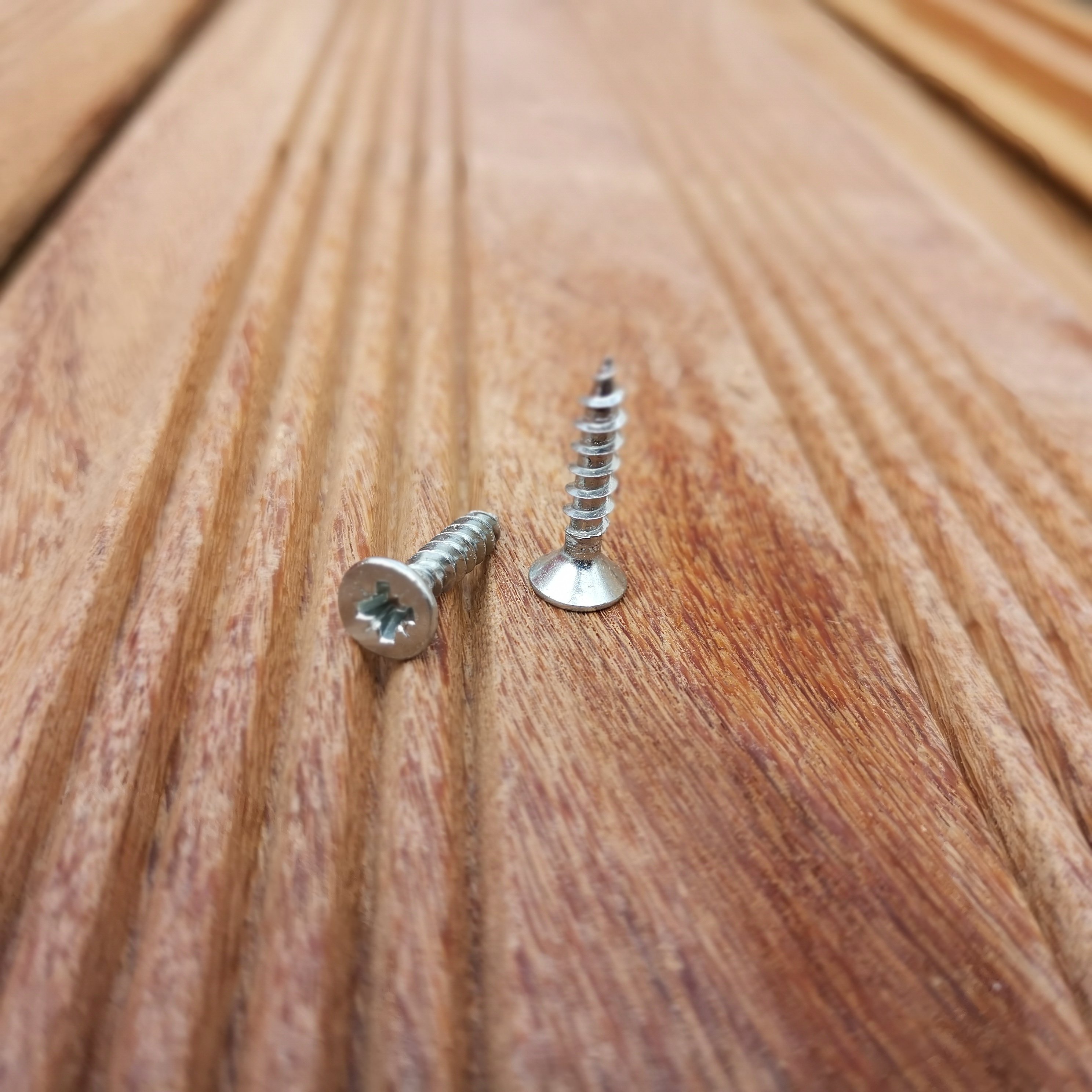 Zwei rostfreie Kreuzschlitzschrauben, 4 x 20 mm, liegen und stehen auf einer Holzoberfläche, Nahaufnahme, geeignet zur Produktdarstellung für eine Verpackungseinheit mit 50 Stück