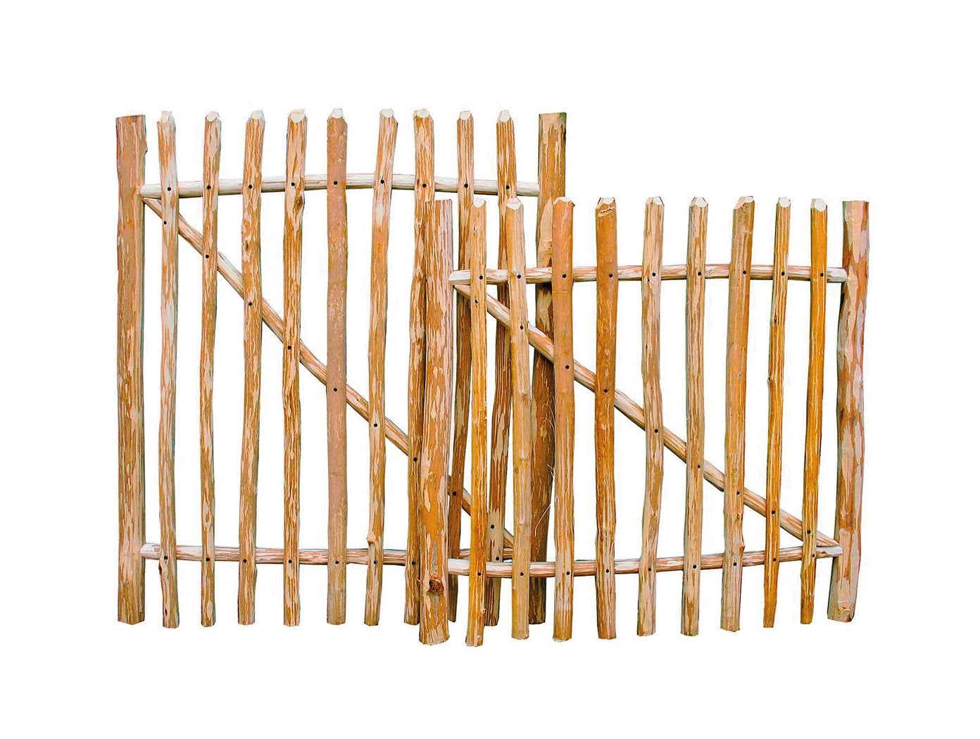 Haselnuss Vorgartenzauntor naturbelassen, 100 cm breit Haselnuss Vorgartenzauntor, naturbelassen, 100 cm breit, aus senkrechten, naturbelassenen Holzlatten mit Querstreben gefertigt, rustikale Optik, Produktfoto auf weißem Hintergrund