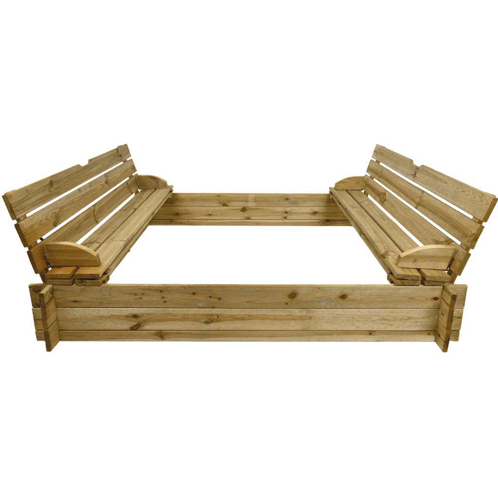 Quadratischer Holzrahmen (Sandkasten/Beet) mit zwei gegenüberliegenden Holzsitzbänken mit Rückenlehnen, naturbelassenes Kiefernholz, freigestellt auf weißem Hintergrund