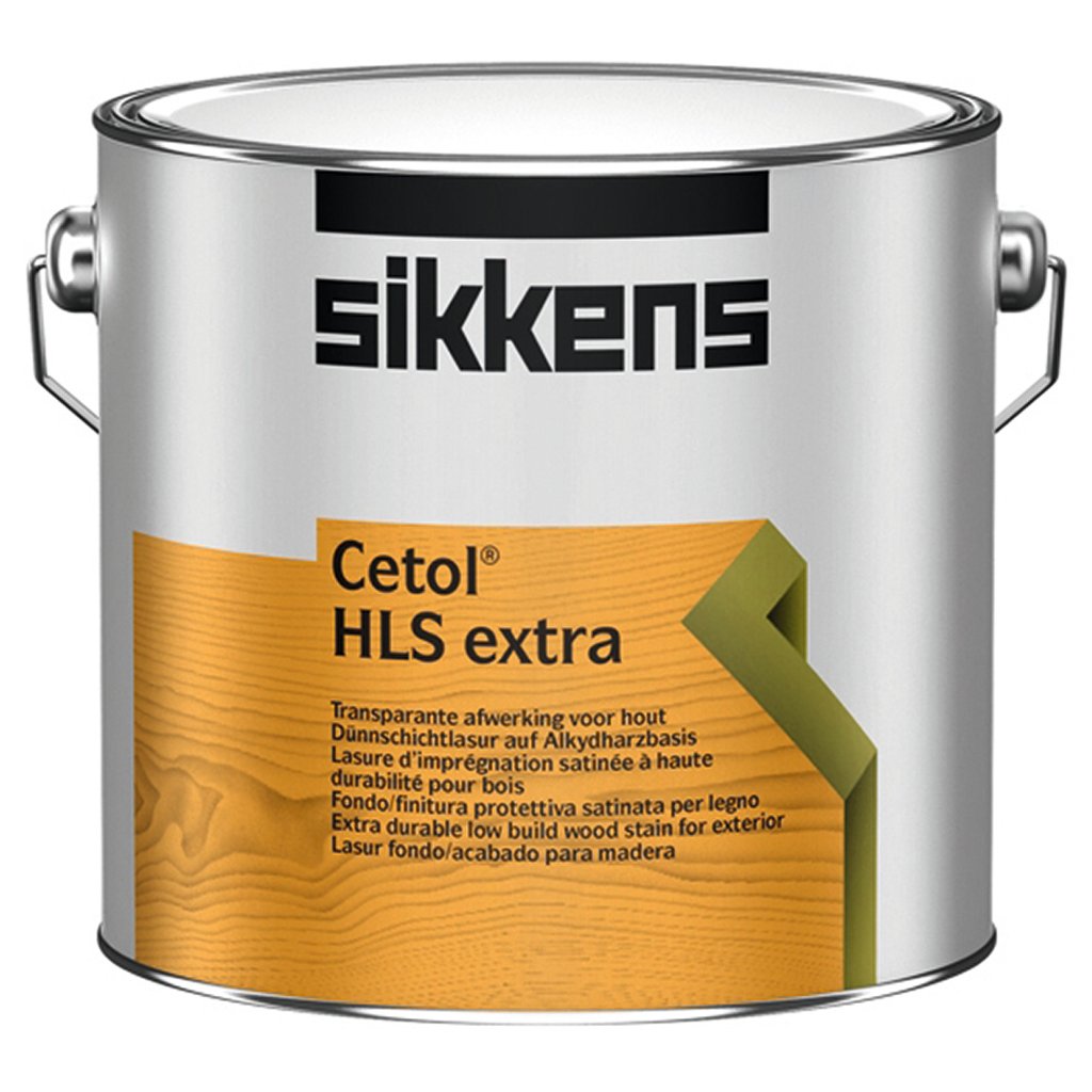 Eimer Sikkens Cetol HLS extra Dünnschichtlasur mit silberner Oberfläche, schwarzem Sikkens-Logo und orange-gelbem Holzoptik-Etikett, Produktbeschreibung in mehreren Sprachen auf der Vorderseite