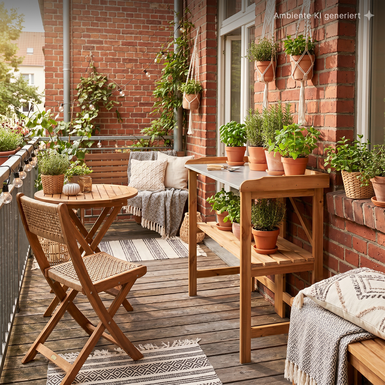 Gemütlicher Balkon mit Holzdielen und roter Backsteinwand, runder Holztisch und geflochtene Stühle, Arbeitsfläche mit Terrakottatöpfen voller Kräuter, hängende Pflanzgefäße, Lichterkette, Kissen und Decken