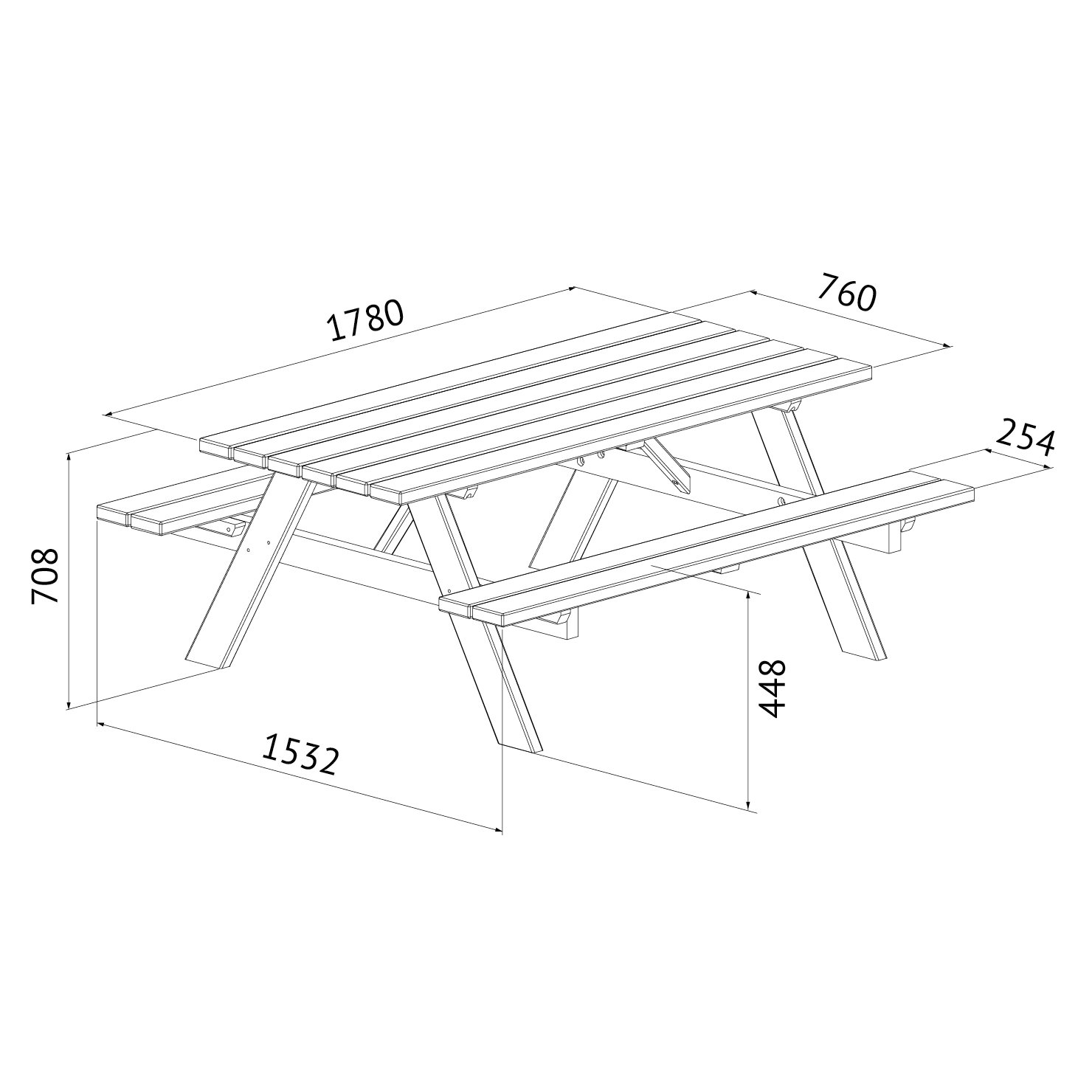 Technische Zeichnung eines Picknick-Tischs aus Lärche, naturbelassen, Modell „Heide“, mit Maßangaben: 1780 mm Länge, 1500 mm Breite, 708 mm Höhe, Sitzhöhe 448 mm, Sitztiefe 254 mm, Tischbreite 760 mm, Gestellmaß 1532 mm