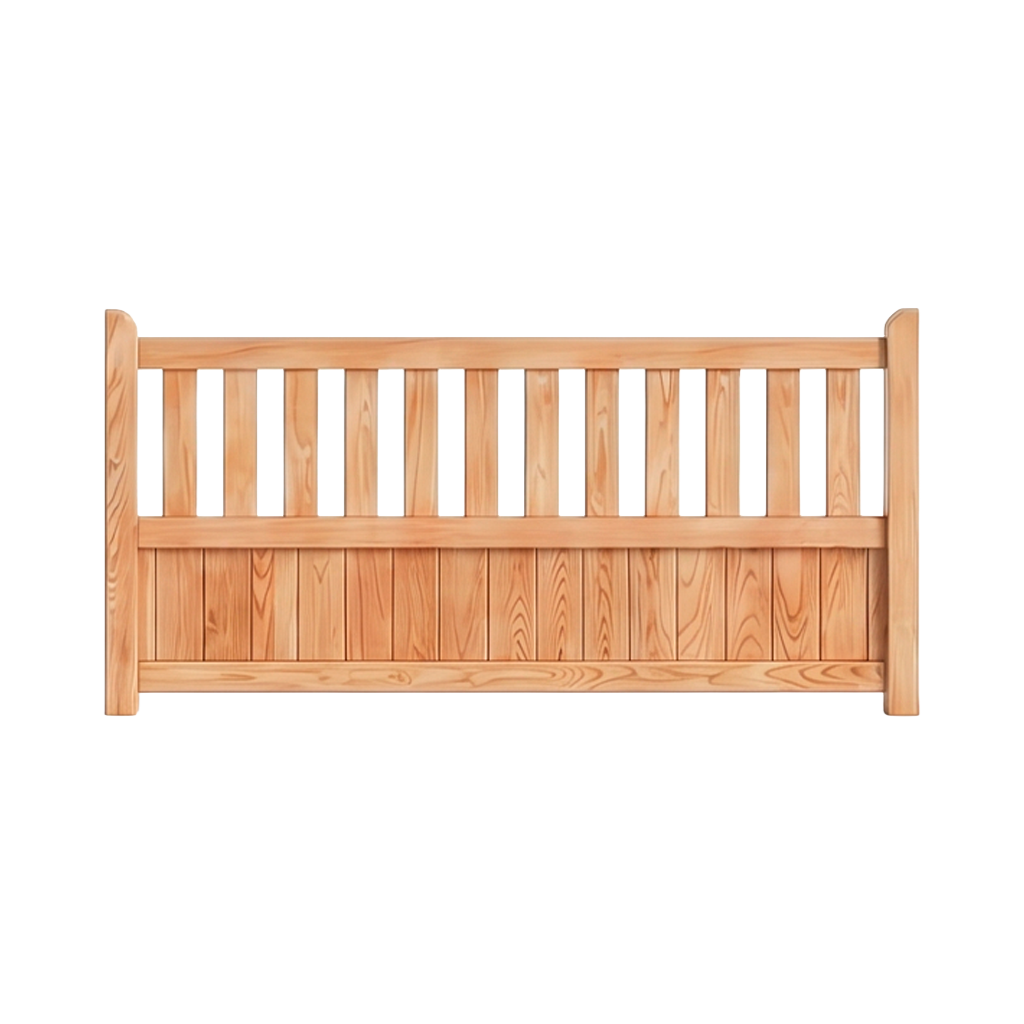 Vorgartenzaun Bossi, R. 68 x 38 mm, Lärche unbehandelt Helles naturbelassenes Holz-Kopfteil mit breiten Pfosten, Reihe senkrechter Latten oben und geschlossenen Holzpaneelen unten, sichtbare Holzmaserung, freigestellt auf weißem Hintergrund