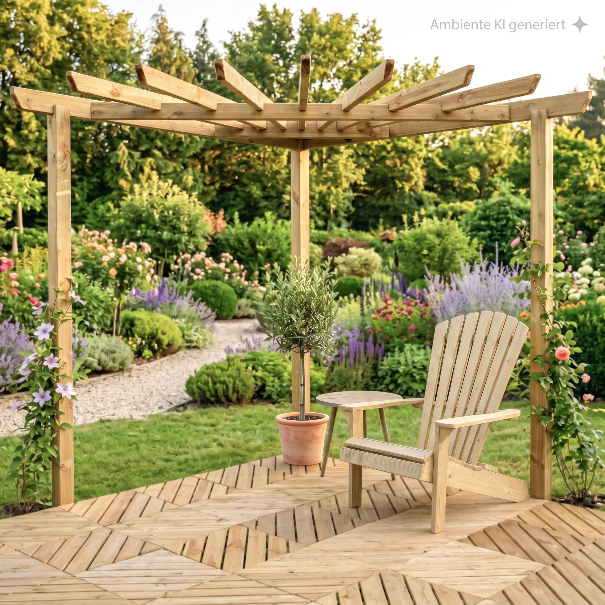 Blick auf eine Holzpergola mit waagerechten Balken, Holzgartenstuhl und Beistelltisch, Topfbaum auf Holzdeck, umgeben von bunten Blumen und üppigem grünen Garten