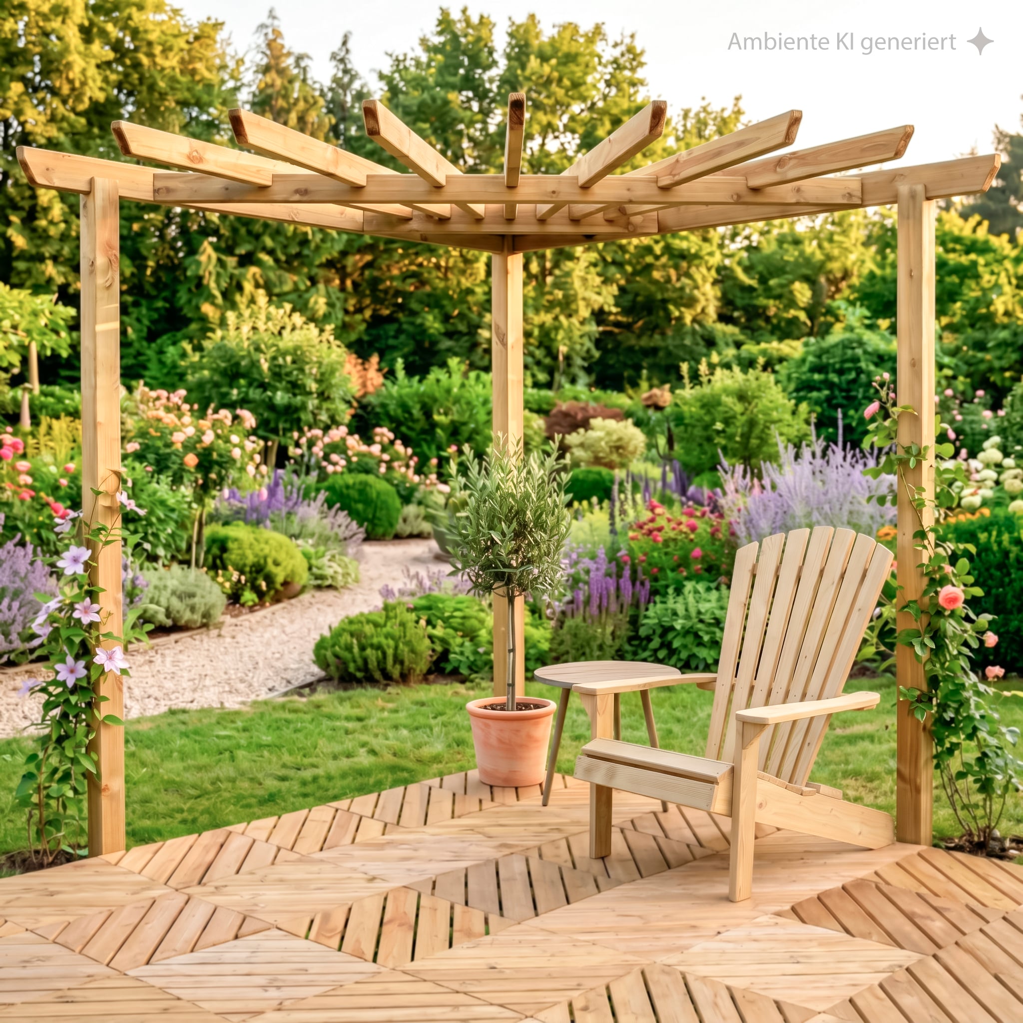 Eck-Pergola Azzara - Kiefer, imprägniert, 220 x 220 x 220 cm Blick auf eine Holzpergola mit waagerechten Balken, Holzgartenstuhl und Beistelltisch, Topfbaum auf Holzdeck, umgeben von bunten Blumen und üppigem grünen Garten