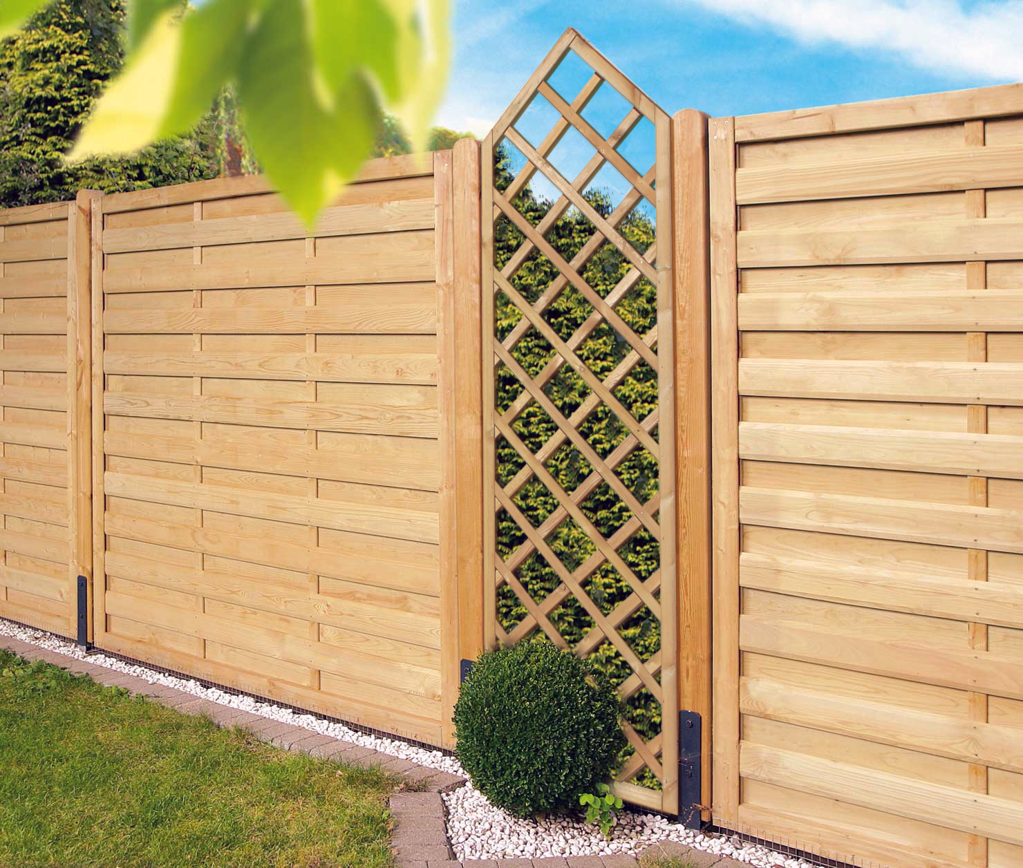 Rankgitter Spitzelement aus Kiefer, 60 x 180/210/180 cm, für Gartenzaun oder Sichtschutz, druckimprägniert Rankgitter-Spitzelement aus imprägnierter Kiefer, Größe 60 x 180/210/180 cm, in einen Holzzaun integriert, davor ein Buchsbaum und Kiesstreifen, dahinter grüne Hecke, blauer Himmel und Laub im Vordergrund