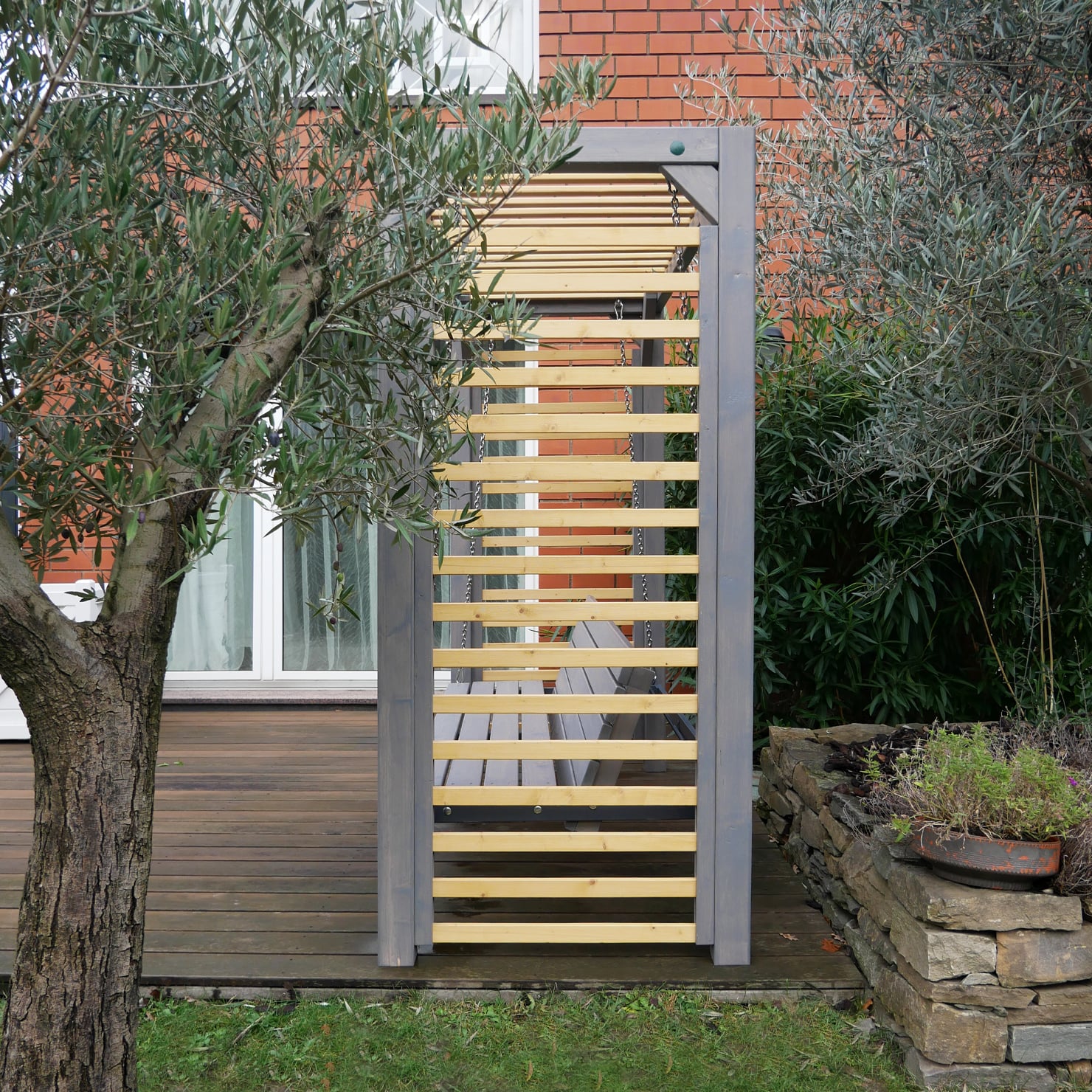 Pergola-Schaukel – Seitenansicht Pergola-Schaukel – Seitenansicht