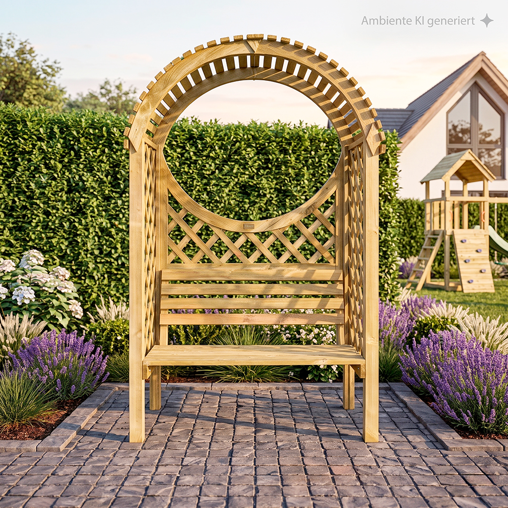 Holzbank mit runder Pergola-Überdachung und Gitterrückwand auf gepflasterter Terrasse, umgeben von Lavendel, Hortensien und Hecke; im Hintergrund Haus mit Kinderspielplatz.