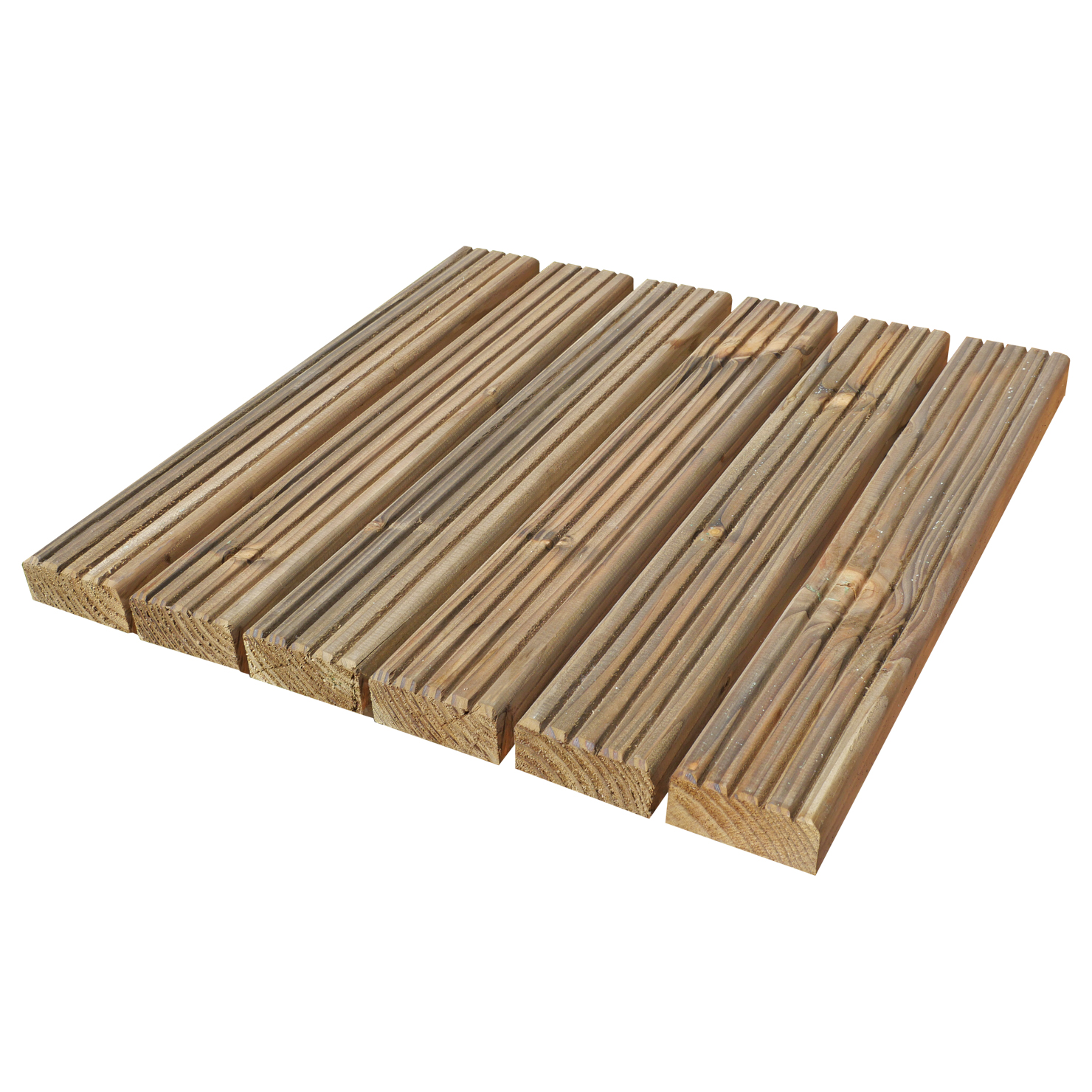 JULIA-Holzfliese, quadratische Terrassenfliese aus druckimprägniertem Kiefernholz mit parallelen Längsrillen, bestehend aus sechs nebeneinanderliegenden Dielenlamellen, hellbraun