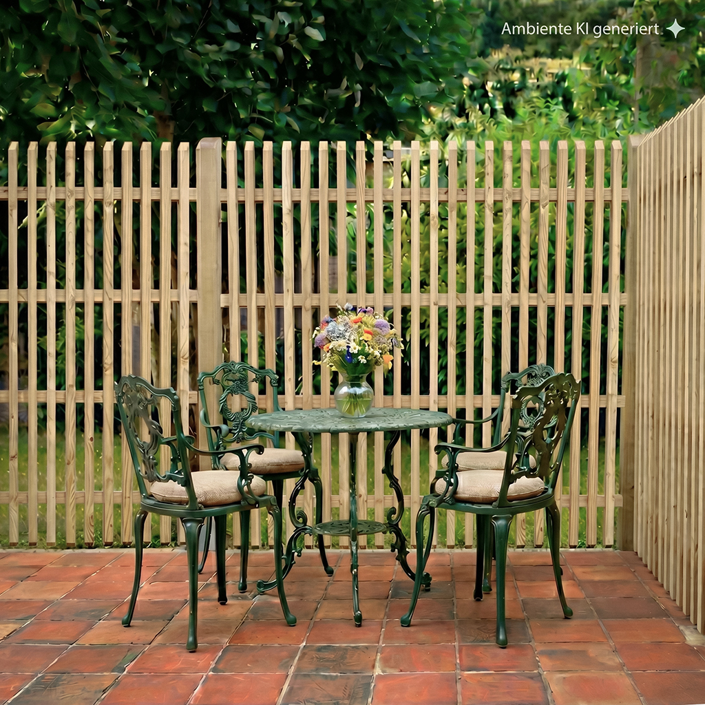 Senkrechtzaun Staccato, Fichte Terrasse mit rundem grünem, verziertem Metalltisch und zwei passenden Stühlen mit hellen Kissen, bunte Blumen in Vase auf dem Tisch, hölzerner Lattenzaun mit grüner Bepflanzung im Hintergrund, rote Terrakottafliesen