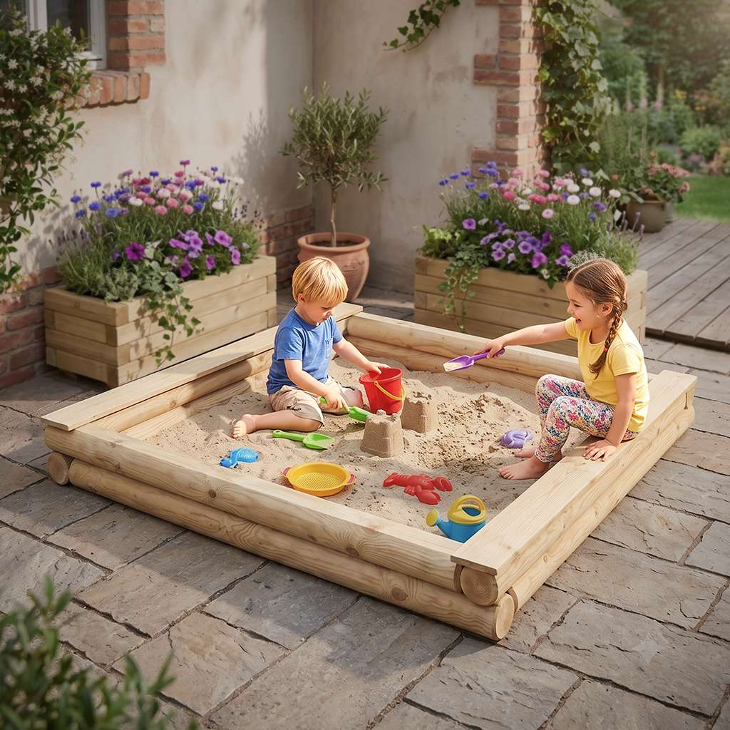 Sandkasten Klaus 200 x 200 cm aus 12 cm Rundholz, kesseldruckimprägniert Zwei Kinder, ein Junge in blauem Shirt und ein Mädchen in gelbem Shirt mit bunten Leggings, spielen in einem quadratischen Holz-Sandkasten auf gepflasterter Terrasse und bauen Sandburgen mit Eimer, Schaufeln und Spielzeug, bunte Pflanzkästen im Hintergrun
