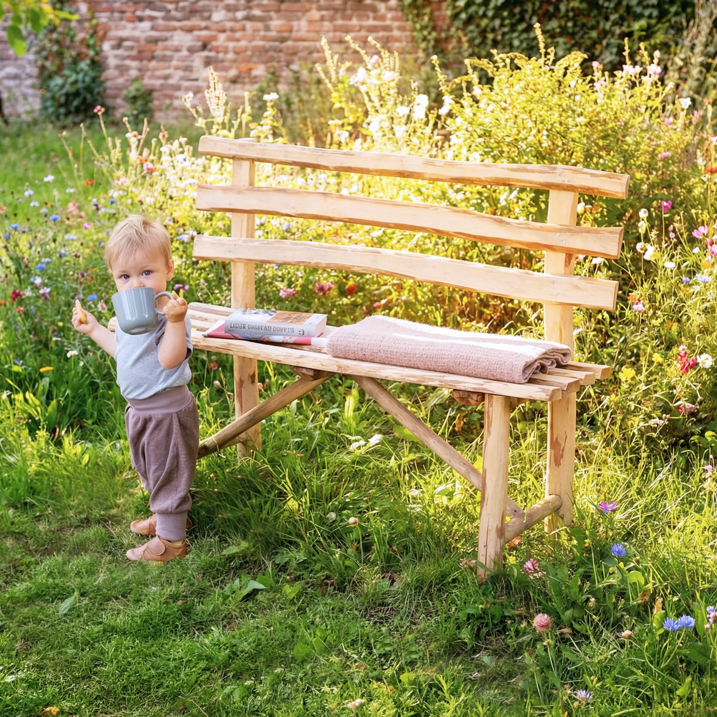 Rustique Bank aus Haselnuss, 118 cm Rustikale Haselnuss-Gartenbank (118 cm) auf blühender Wiese, mit Buch und gefalteter Decke auf der Sitzfläche; daneben steht ein Kleinkind, das eine Tasse hält