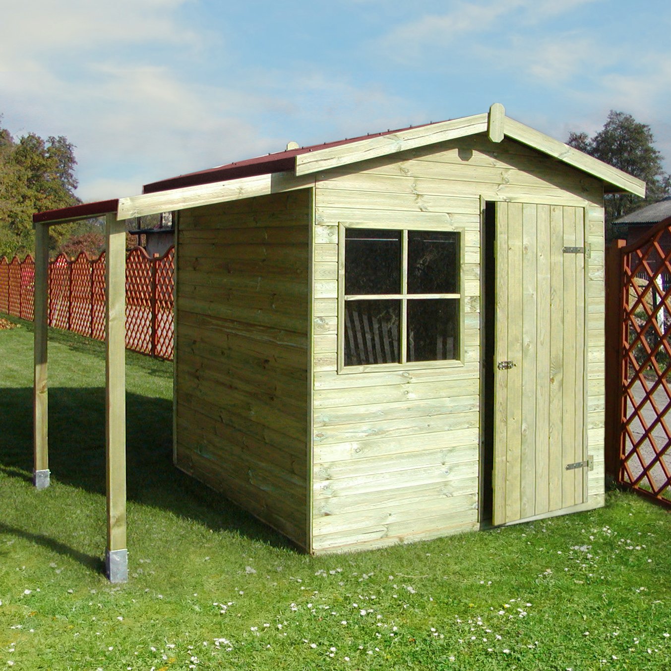 Gerätehaus Bruno – auch MIT Dachunterstand verfügbar Gerätehaus Bruno mit Dachunterstand – 270 x 180 x 205 cm