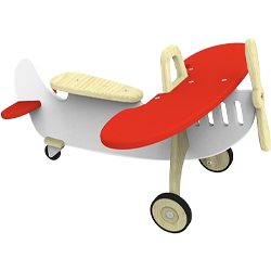 Holzspielzeug-Flugzeug in Weiß und Rot mit Sitz, Lenker, Holzpropeller und zwei Rädern