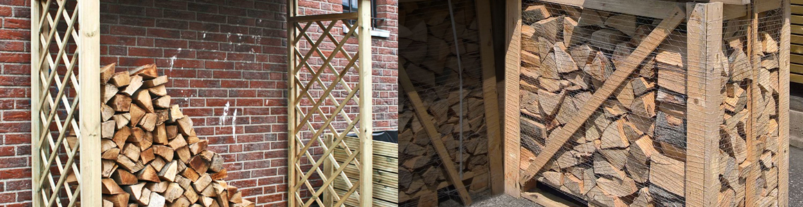 Zwei Holzstapel: links lose aufgeschichtete gespaltene Kaminholzscheite vor roter Backsteinmauer zwischen hölzernen Rankgittern, rechts dicht gestapeltes Kaminholz in Holzrahmen mit Drahtgitter.
