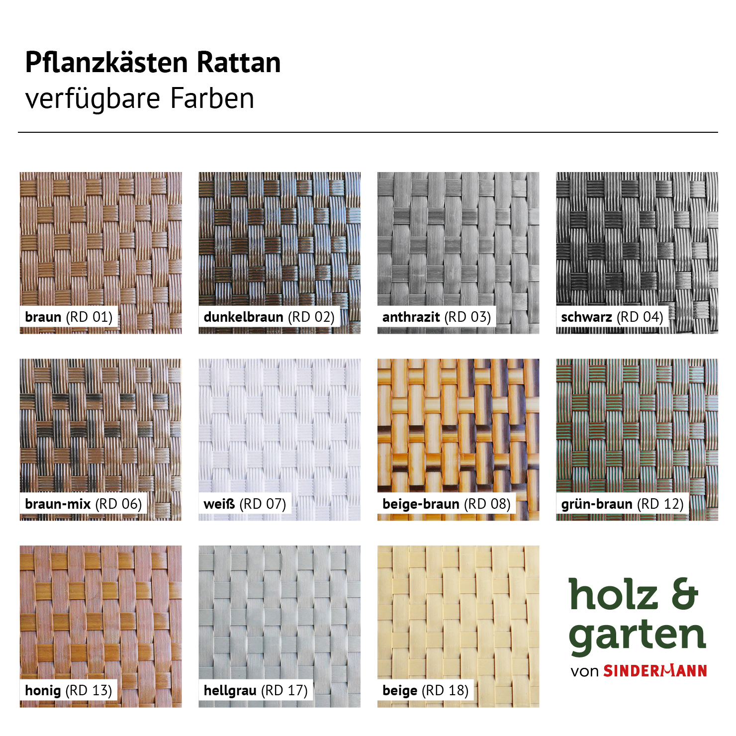 Verfügbare Farben für Rattan Pflanzkästen Verfügbare Farben für Rattan Pflanzkästen