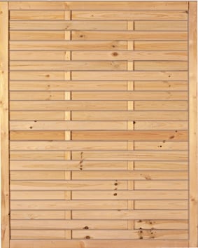 Lamellenzaun aus kesseldruckimprägniertem Holz, 34 x 55 mm, stabile Ausführung Lamellenzaun aus Holz, rechteckig, mit waagerechten und senkrechten Lamellen, Maß 34 x 55 mm, kesseldruckimprägniert, naturfarbene Oberfläche, natürliche Maserung und Äste sichtbar