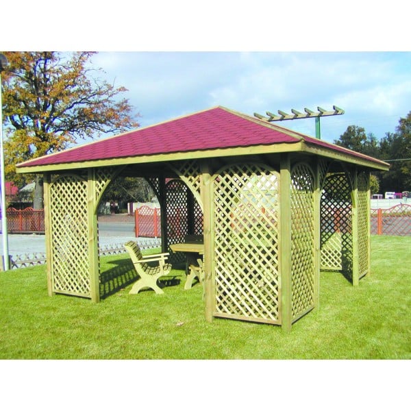 Pavillon Auris 400 x 400 cm aus imprägnierter Kiefer mit Gitterwänden und rotem Dach für den Garten Pavillon Auris 400 x 400 cm aus imprägnierter Kiefer mit Gitterwänden und rotem Pyramidendach, auf einer Rasenfläche stehend, mit Gartenmöbeln im Inneren, im Hintergrund Bäume und ein Zaun