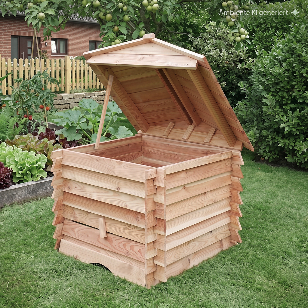Offener hölzerner Kompostbehälter mit aufgestelltem Deckel auf Rasen, daneben Gemüsegarten mit Salat und Tomaten, Apfelbaum, Holzzaun und rotes Backsteinhaus im Hintergrund