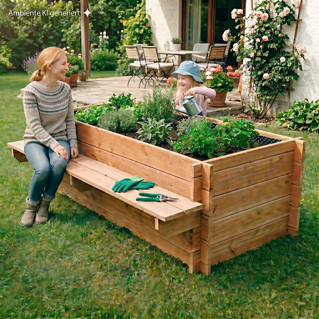 Hochbeet mit Sitzbank 200x130x65 cm, Douglasie Frau sitzt auf der Sitzbank eines Holz-Hochbeets, ein lächelndes Mädchen gießt Kräuter mit Gießkanne, Handschuhe und Gartenschere liegen auf der Bank, blühender Garten und Terrasse im Hintergrund