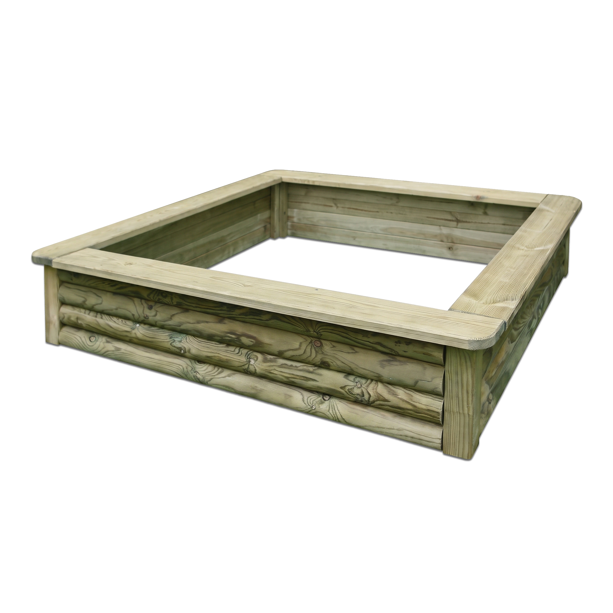 Eckiges Hochbeet aus kesseldruckimprägniertem Holz mit breitem oberen Rand, sichtbarer Holzmaserung und Nut-und-Feder-Brettern, freigestellt auf weißem Hintergrund