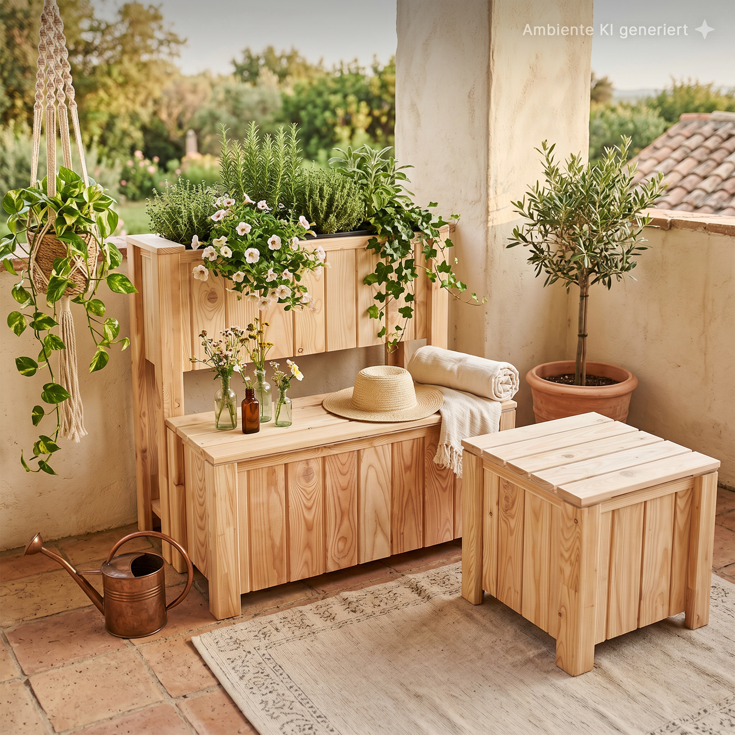 Balkon-Set Sonja komplett (Tisch, Bank, Pflanzkasten) Gemütlicher Balkon mit hellen Holztruhen und Hocker, bepflanztem Hochbeet mit Kräutern und weißen Petunien, hängender Grünpflanze, Olivenbaum im Terrakottatopf, Kupfergießkanne, Strohhut, gerollter Decke und kleinen Glasvasen mit Blumen