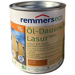 Metalldose mit grün-gelbem Etikett der Marke remmerseco, Aufschrift Öl-Dauerschutz Lasur [eco], Bild eines Holzhauses, Hinweis Kiefer, Füllmenge 0,75 l