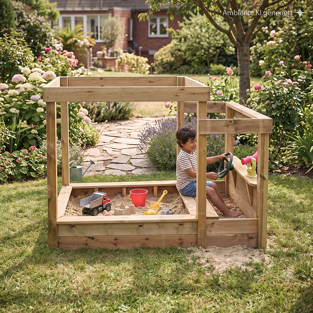 Sandkasten Manni Holz-Sandkasten mit Rahmen und Sitzbank in einem Garten, ein Kind sitzt am eingebauten Cockpit mit Lenkrad, Sandspielzeug (roter Eimer, Schaufel, Spielzeug-Lkw) und blühende Pflanzen im Hintergrund